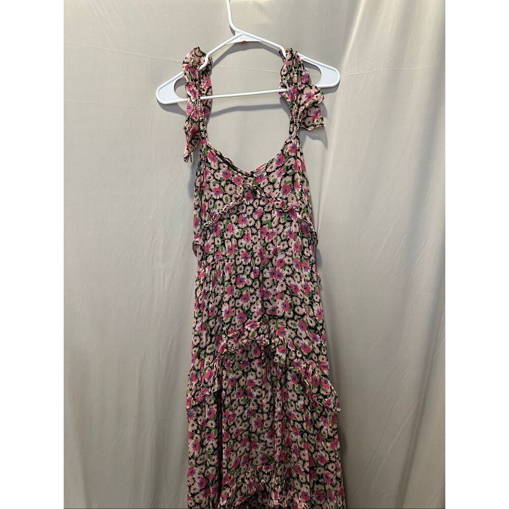 Banjanan Floral Cotton Midi Dress Small Pink Black Ruffle Strap Tiered - Picture 2 of 7